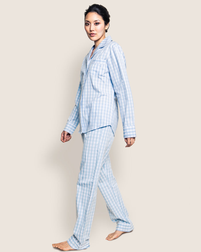 Close-up of Petite Plumes Womens Twill Pajama Set in Light Blue Gingham fabric featuring an elastic waistband and a white, textured drawstring tied in a bow at the front.