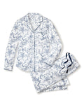 Women’s Twill Pajama Set in Timeless Toile features a white long-sleeve button-up top with a blue floral toile pattern, accented by navy piping and a chest pocket, paired with matching drawstring waist pants.