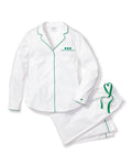 Part of the Shamrocks Collection, Petite Plumes limited edition Womens Twill Pajama Set boasts a white design with green piping, featuring a long-sleeve button-up top with an embroidered clover pocket and matching pants with a fashionable green drawstring.