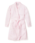 The Women's Twill Robe in Pink Gingham features long sleeves, a shawl collar, front pockets, and a matching fabric belt at the waist, shown laid flat on a white background.