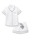 Women’s Twill Short Sleeve Short Set in Anchors Away White, featuring a button-up shirt with a chest pocket and navy piping, plus matching shorts with a ribbon drawstring and an allover small anchor print.