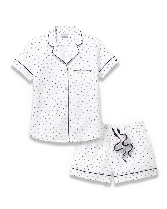 Women’s Twill Short Sleeve Short Set in Anchors Away White, featuring a button-up shirt with a chest pocket and navy piping, plus matching shorts with a ribbon drawstring and an allover small anchor print.