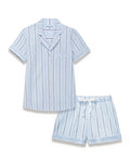 Women’s Twill Short Sleeve Short Set in Coastal Stripe, featuring a light blue pajama set with vertical navy and white stripes, short sleeves, white buttons, a chest pocket, and coordinating shorts with a white drawstring.