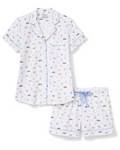 Women’s Twill Short Sleeve Short Set in Summer Nostalgia: A short-sleeve pajama set with a button-up shirt and shorts, featuring a playful print of cars, boats, and beach scenes on crisp white fabric, accented with light blue piping.