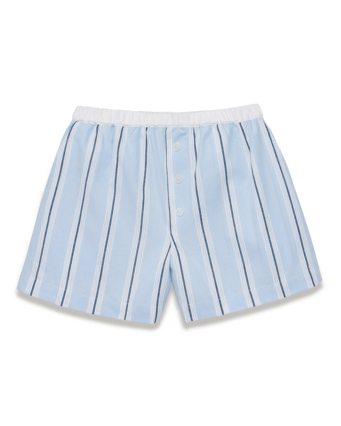 Women’s Twill Sleep Short in Coastal Stripe, featuring light blue and white stripes and a white elastic waistband, laid flat on a white background.