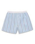 Women’s Twill Sleep Short in Coastal Stripe, featuring light blue and white stripes and a white elastic waistband, laid flat on a white background.